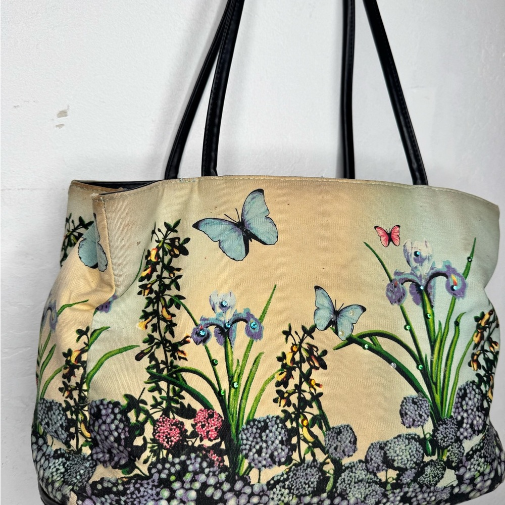 Vintage Floral Butterfly Tote Bag w/ Crystal Details